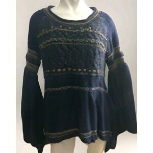 Free People Mohair Sweater Velvet Rbbon Boho Bell Sleeves Folk Wool Size Large